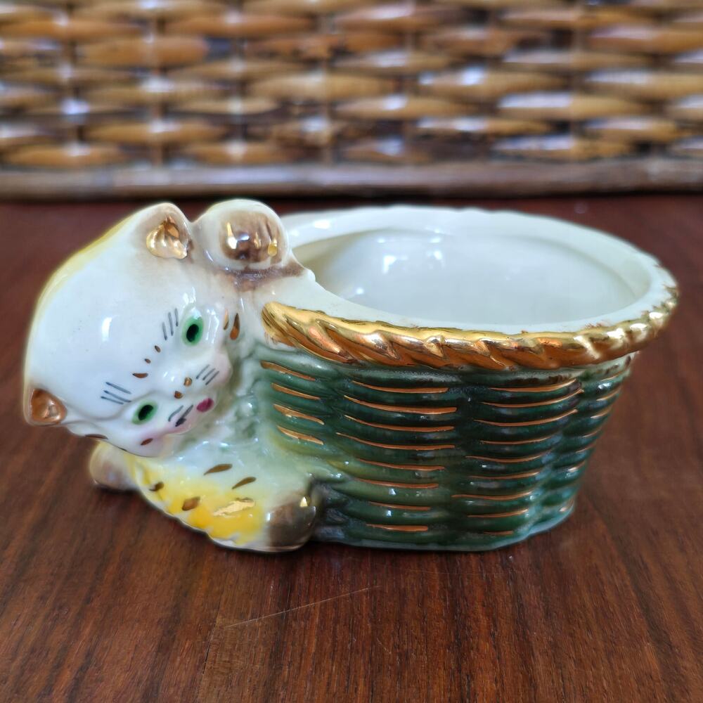 Vintage 50s McCoy Kitten With Basket Planter Yellow Green Kitsch Mid Century Mod